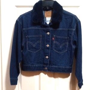 LEVI'S DARK BLUE FUR COLLAR CROP DENIM JACKET SIZE JUNIORS LARGE NWT